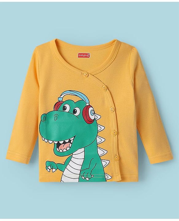 Babyhug 100% Cotton Interlock Knit Full Sleeves Front Open Jhablas with Stripe Design & Dino Print Pack of 3 - White Green & Mustard