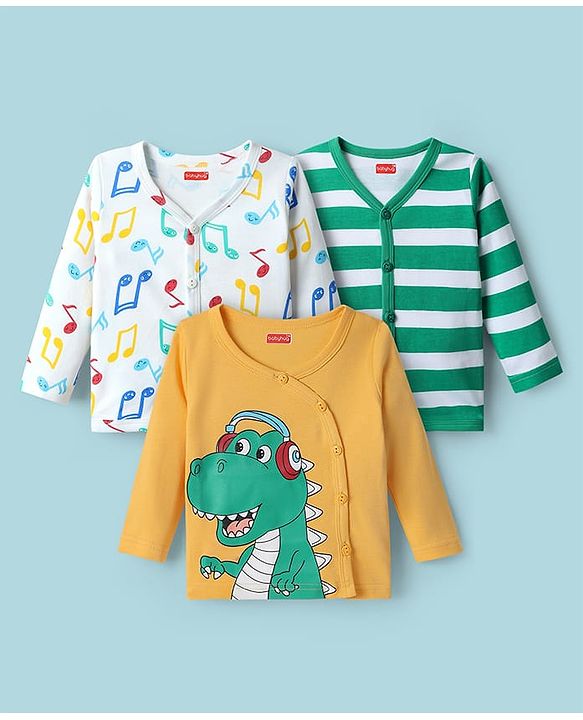 Babyhug 100% Cotton Interlock Knit Full Sleeves Front Open Jhablas with Stripe Design & Dino Print Pack of 3 - White Green & Mustard
