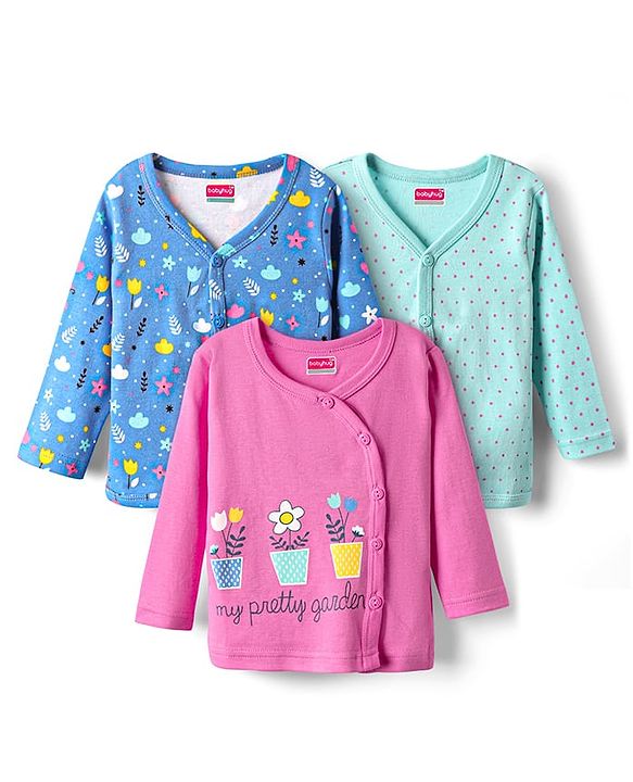 Babyhug 100% Cotton Full Sleeves Front Open Jhablas With Polka Dots & Floral Print Pack Of 3 - Multi Colour