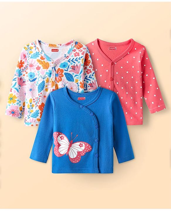 Babyhug 100% Cotton Interlock Knit Full Sleeves Front Open Jhablas With Floral Print & Polka Dots Prints Pack Of 3 - Blue White & Pink