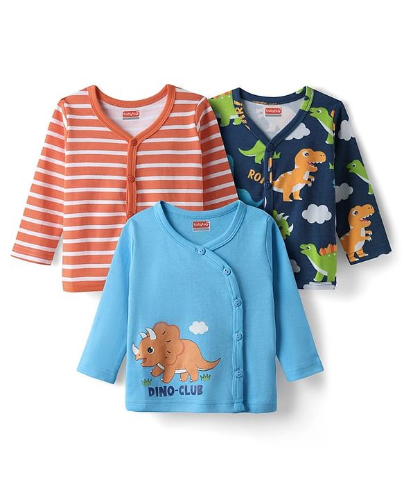 Babyhug 100% Cotton Full Sleeves Front Open Vest With Stripes & Animal Print Pack Of 3 - Light Blue Red & Navy Blue