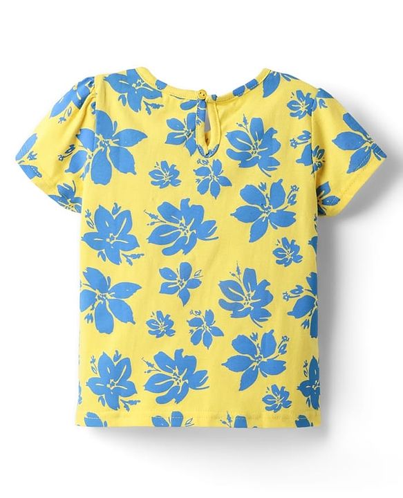 Babyhug Cotton Woven Half Sleeves Frock with Inner T-Shirt & Floral Print - Blue & Yellow