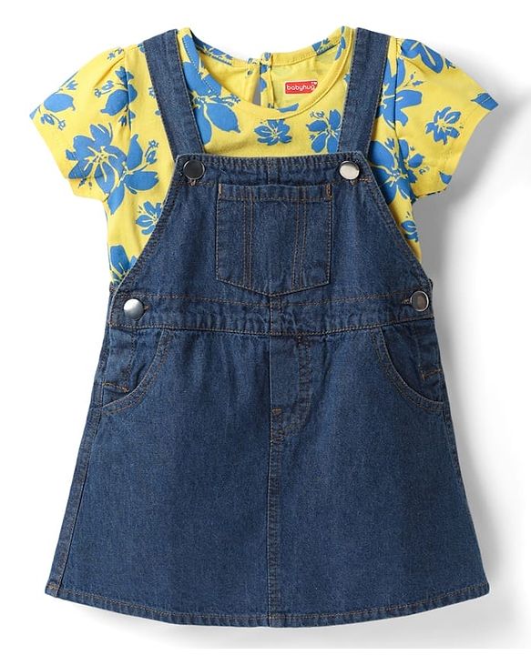 Babyhug Cotton Woven Half Sleeves Frock with Inner T-Shirt & Floral Print - Blue & Yellow