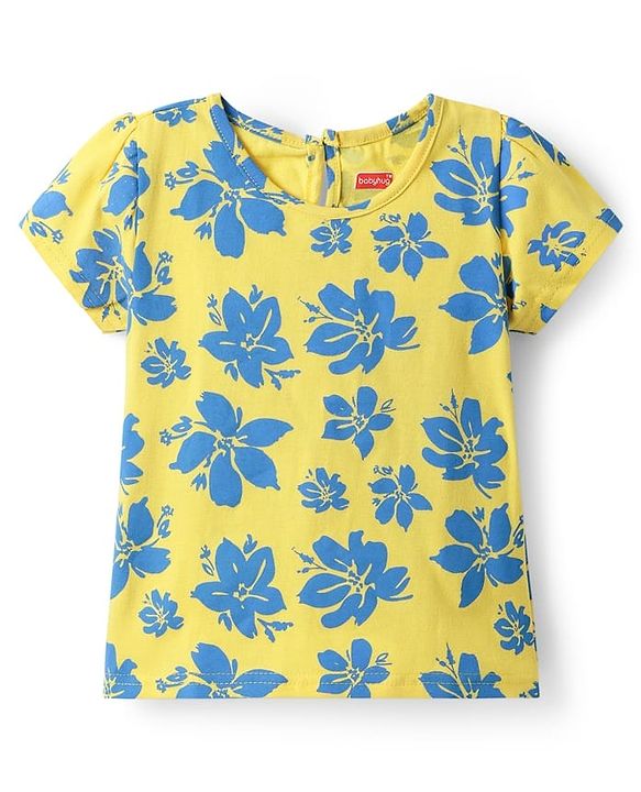 Babyhug Cotton Woven Half Sleeves Frock with Inner T-Shirt & Floral Print - Blue & Yellow