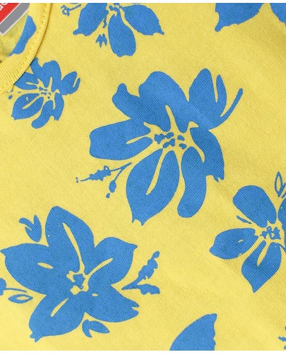 Babyhug Cotton Woven Half Sleeves Frock with Inner T-Shirt & Floral Print - Blue & Yellow