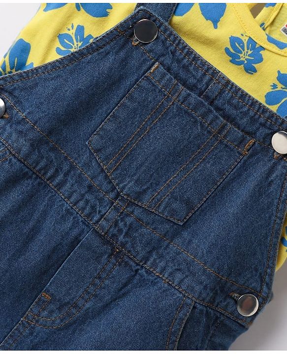 Babyhug Cotton Woven Half Sleeves Frock with Inner T-Shirt & Floral Print - Blue & Yellow