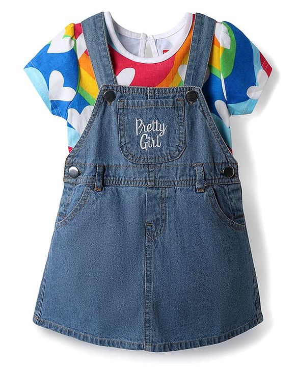 Babyhug Cotton Woven Frock & Half Sleeves Inner Tee With Heart Print - Blue