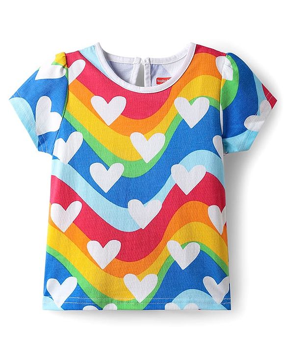 Babyhug Cotton Woven Frock & Half Sleeves Inner Tee With Heart Print - Blue