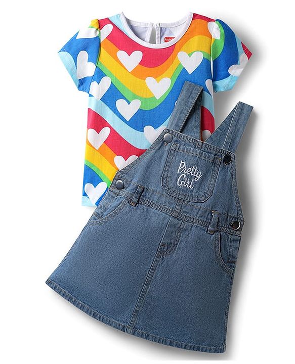 Babyhug Cotton Woven Frock & Half Sleeves Inner Tee With Heart Print - Blue