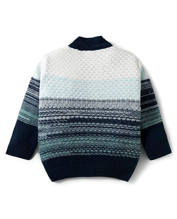 Babyhug Knitted Full Sleeves Striped Sweater Set With Cap & Booties - Navy Blue
