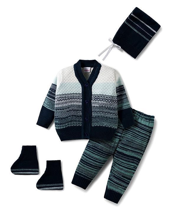 Babyhug Knitted Full Sleeves Striped Sweater Set With Cap & Booties - Navy Blue