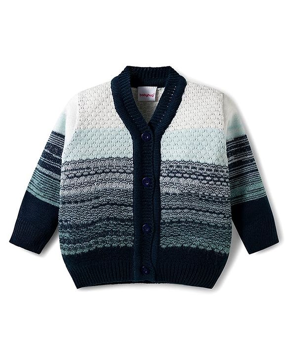 Babyhug Knitted Full Sleeves Striped Sweater Set With Cap & Booties - Navy Blue