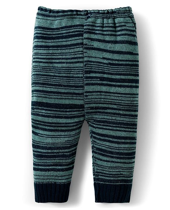 Babyhug Knitted Full Sleeves Striped Sweater Set With Cap & Booties - Navy Blue