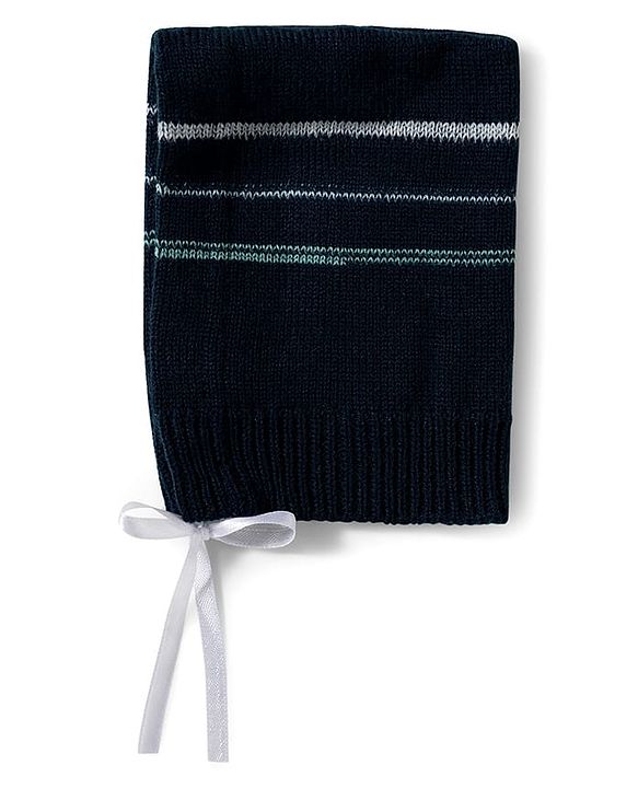 Babyhug Knitted Full Sleeves Striped Sweater Set With Cap & Booties - Navy Blue