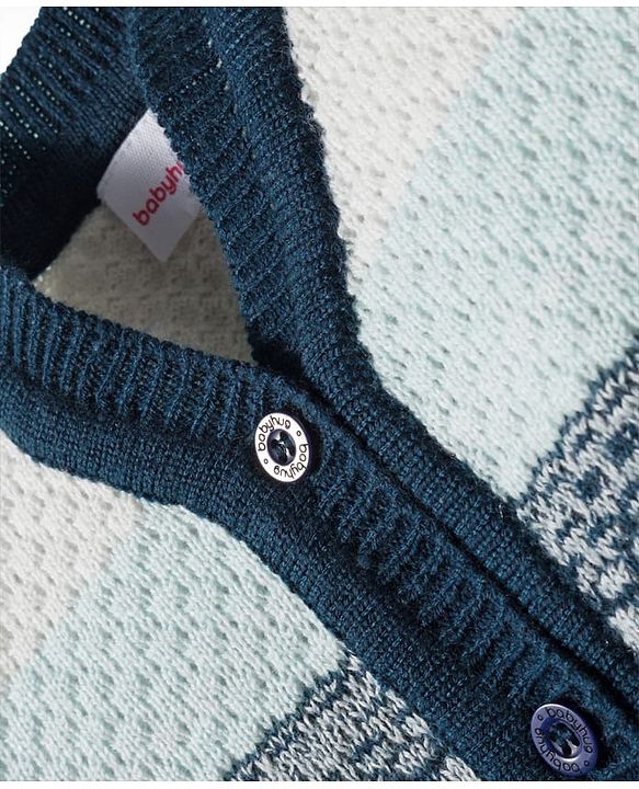 Babyhug Knitted Full Sleeves Striped Sweater Set With Cap & Booties - Navy Blue