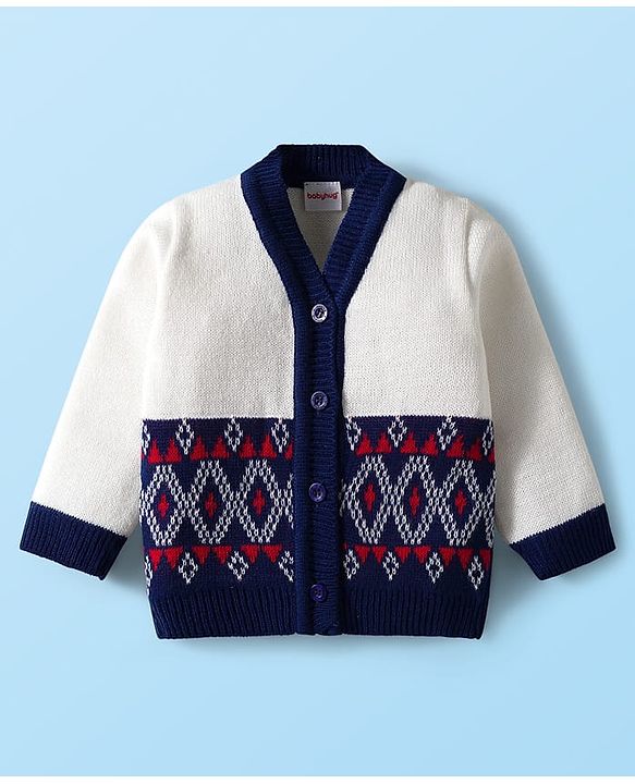 Babyhug Knit Full Sleeves Front Open Sweater & Pant Set with Cap & Booties & Fair Isle Design - Navy Blue & White