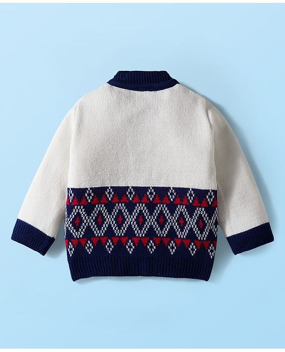 Babyhug Knit Full Sleeves Front Open Sweater & Pant Set with Cap & Booties & Fair Isle Design - Navy Blue & White