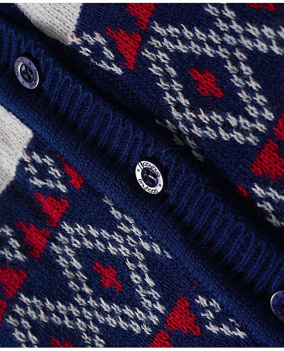 Babyhug Knit Full Sleeves Front Open Sweater & Pant Set with Cap & Booties & Fair Isle Design - Navy Blue & White