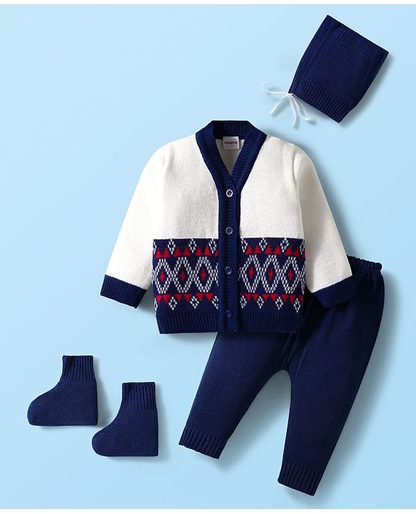 Babyhug Knit Full Sleeves Front Open Sweater & Pant Set with Cap & Booties & Fair Isle Design - Navy Blue & White