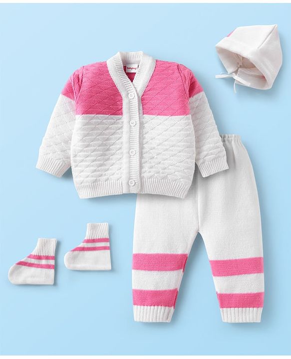Babyhug Knit Full Sleeves Sweater Set With Booties & Cap - Pink