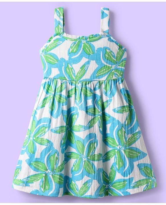 Babyhug Cotton Knit Sleeveless Frock With Floral Print - Sea Green