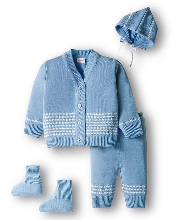 Babyhug Knit Full Sleeves  Front Open Sweater Sets With Cap & Booties With Stripes - Light Blue