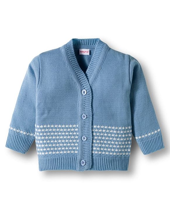 Babyhug Knit Full Sleeves  Front Open Sweater Sets With Cap & Booties With Stripes - Light Blue