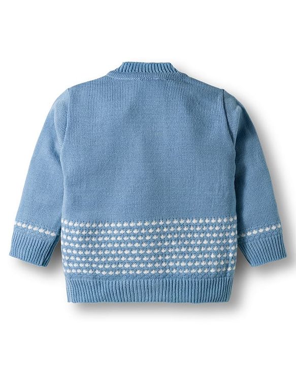 Babyhug Knit Full Sleeves  Front Open Sweater Sets With Cap & Booties With Stripes - Light Blue