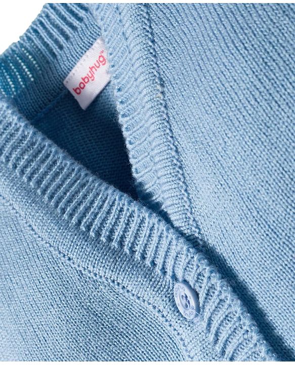Babyhug Knit Full Sleeves  Front Open Sweater Sets With Cap & Booties With Stripes - Light Blue