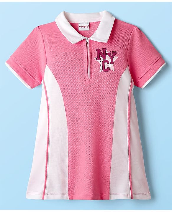 Babyhug Single Jersey Knit Half Sleeves Text Printed Dress With Collar Neck - Pink