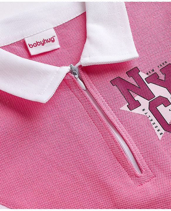Babyhug 100% Cotton Single Jersey Knit Half Sleeves Text Printed Dress With Collar Neck - Pink