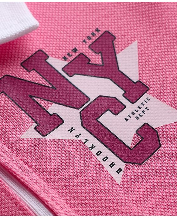 Babyhug 100% Cotton Single Jersey Knit Half Sleeves Text Printed Dress With Collar Neck - Pink