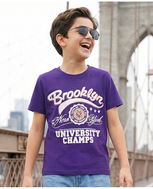 Pine Kids Cotton Knit Half Sleeves T-Shirt With New York Print - Purple