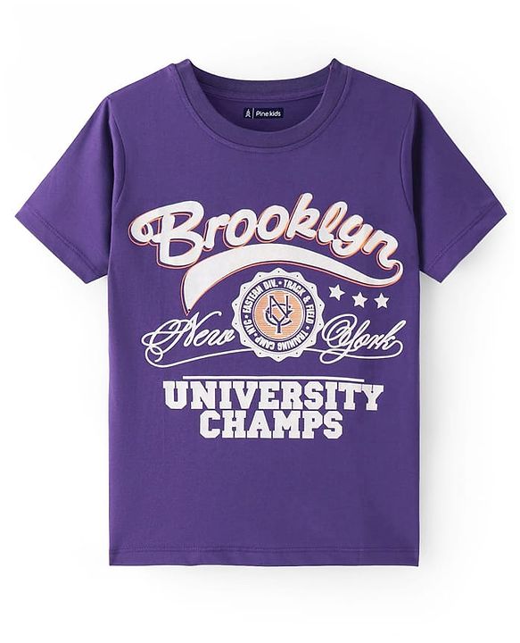 Pine Kids Cotton Knit Half Sleeves T-Shirt With New York Print - Purple