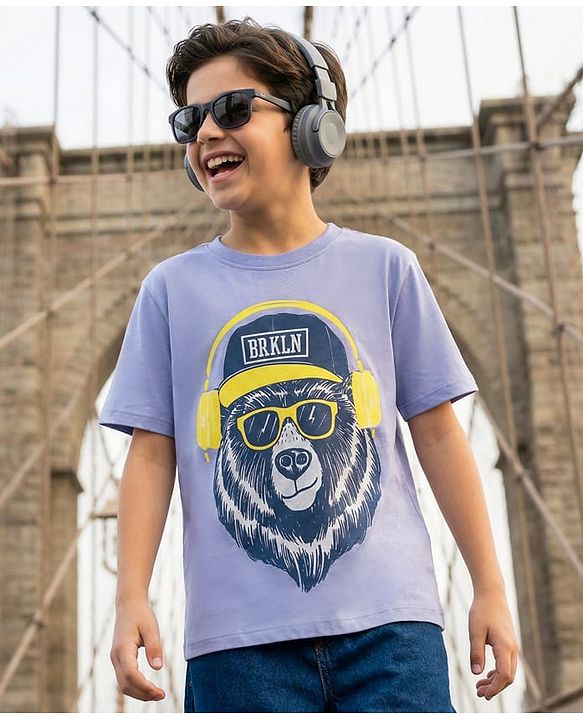 Pine Kids Cotton Knit Half Sleeves T-Shirt with Lion Print - Purple