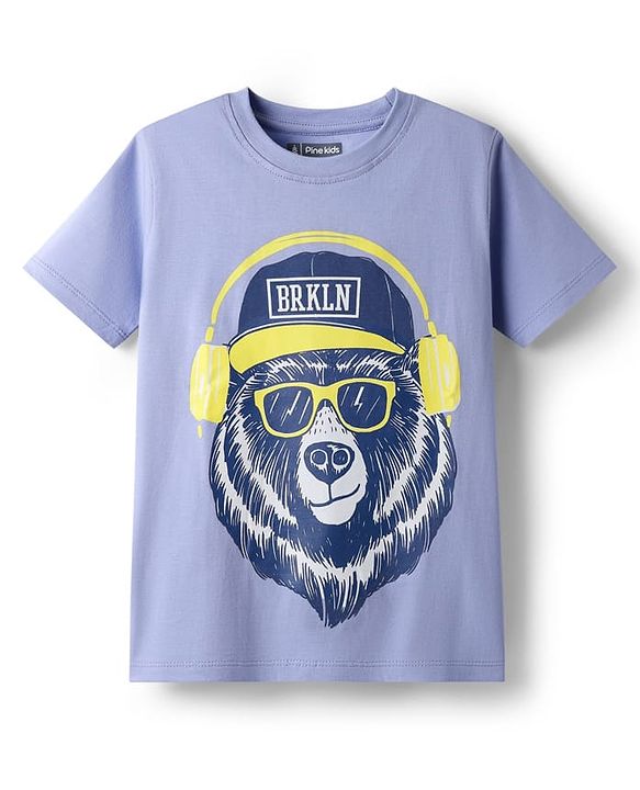 Pine Kids Cotton Knit Half Sleeves T-Shirt with Lion Print - Purple