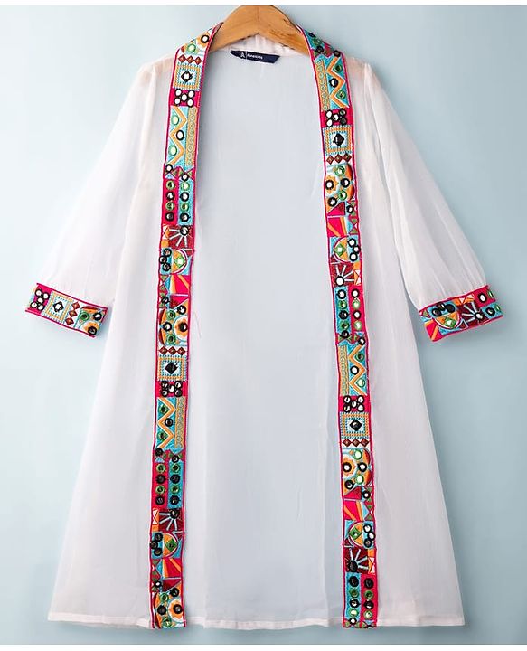 Pine Kids Woven Three Fourth Sleeves Indo Western Set With Embriodery - White