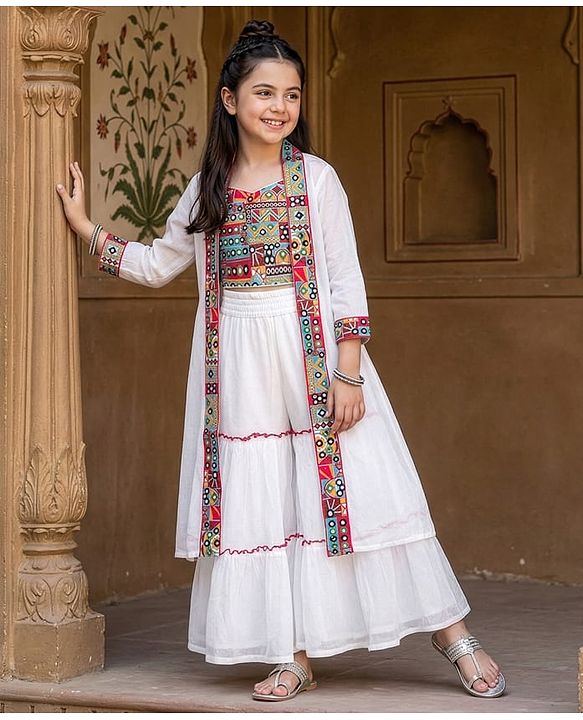 Pine Kids Woven Three Fourth Sleeves Indo Western Set With Embriodery - White