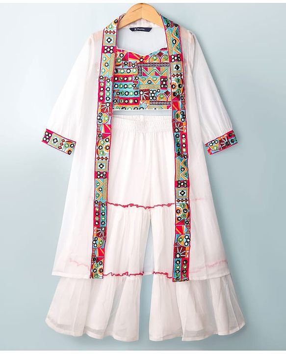 Pine Kids Woven Three Fourth Sleeves Indo Western Set With Embriodery - White