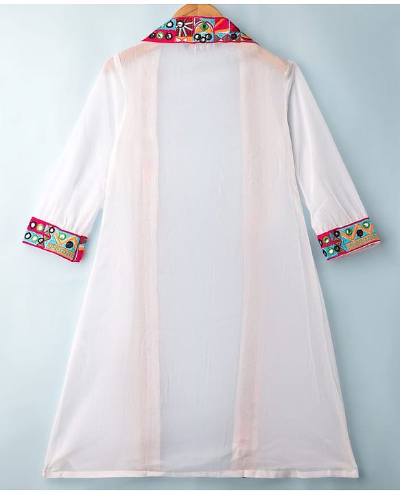 Pine Kids Woven Three Fourth Sleeves Indo Western Set With Embriodery - White