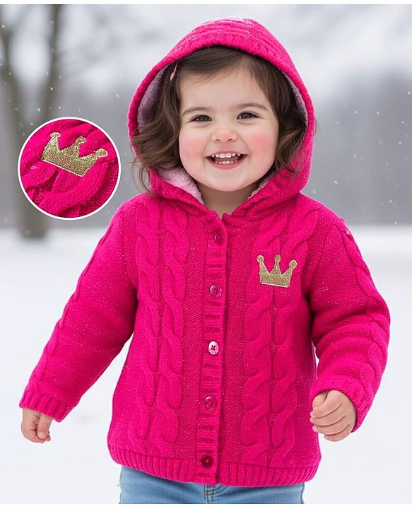 Babyhug Knit Full Sleeves Hooded Front Open Sweater with Cable Knit Design - Dark Pink