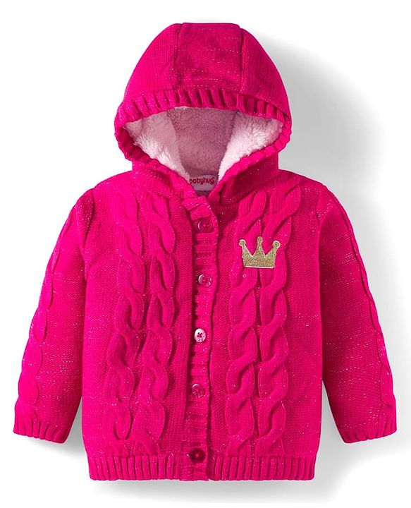 Babyhug Knit Full Sleeves Hooded Front Open Sweater with Cable Knit Design - Dark Pink