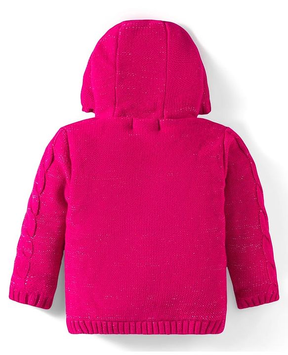 Babyhug Knit Full Sleeves Hooded Front Open Sweater with Cable Knit Design - Dark Pink