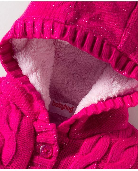 Babyhug Knit Full Sleeves Hooded Front Open Sweater with Cable Knit Design - Dark Pink