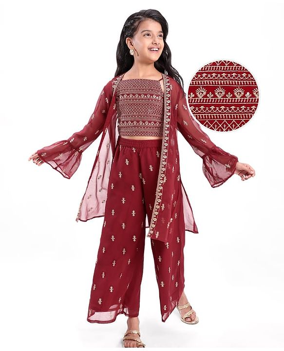 Pine Kids Three Fourth Bell Sleeves Indo western Sets with Jacket Embroidery & Sequin Detailing - Maroon