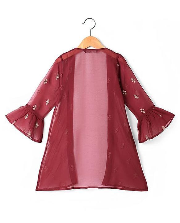 Pine Kids Three Fourth Bell Sleeves Indo western Sets with Jacket Embroidery & Sequin Detailing - Maroon