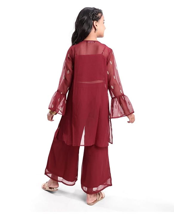 Pine Kids Three Fourth Bell Sleeves Indo western Sets with Jacket Embroidery & Sequin Detailing - Maroon