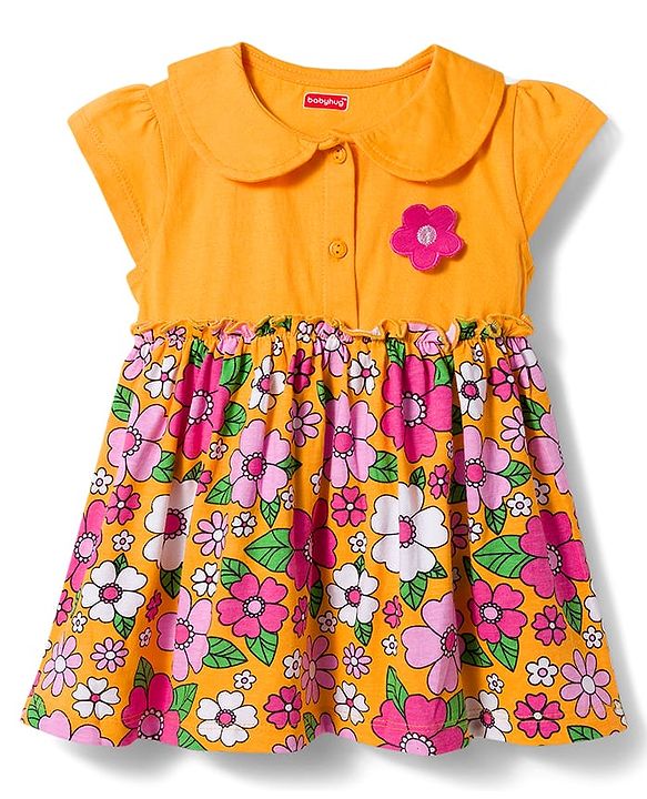 Babyhug Single Jersey Knit Half Sleeves Floral Printed Frock With Bloomer & Headband - Yellow