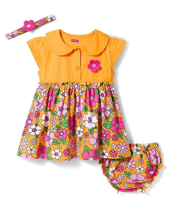 Babyhug Single Jersey Knit Half Sleeves Floral Printed Frock With Bloomer & Headband - Yellow