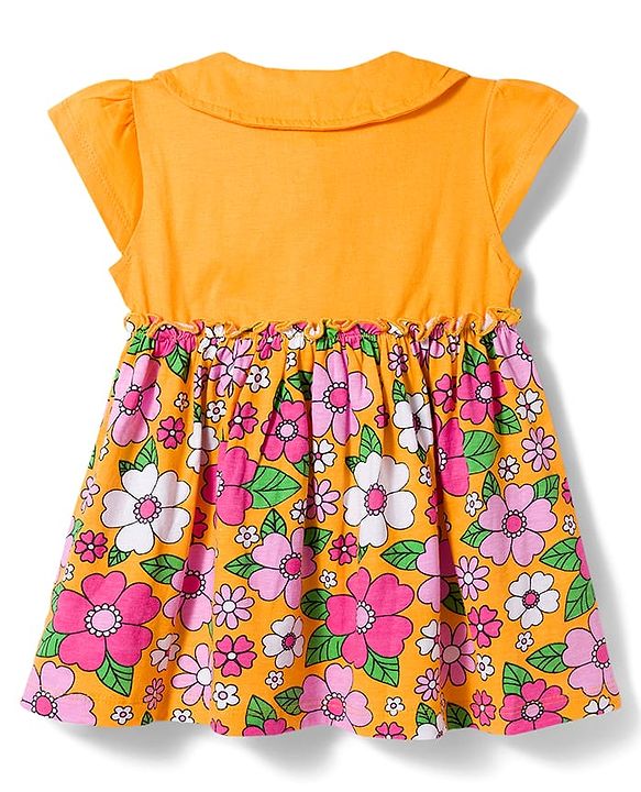 Babyhug Single Jersey Knit Half Sleeves Floral Printed Frock With Bloomer & Headband - Yellow